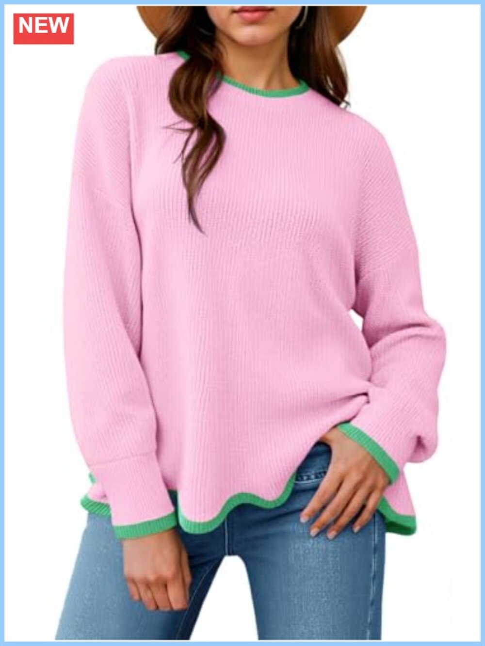 Womens Contrast Color Pullover Sweater Crewneck Knit Wave Hem Long Sleeve